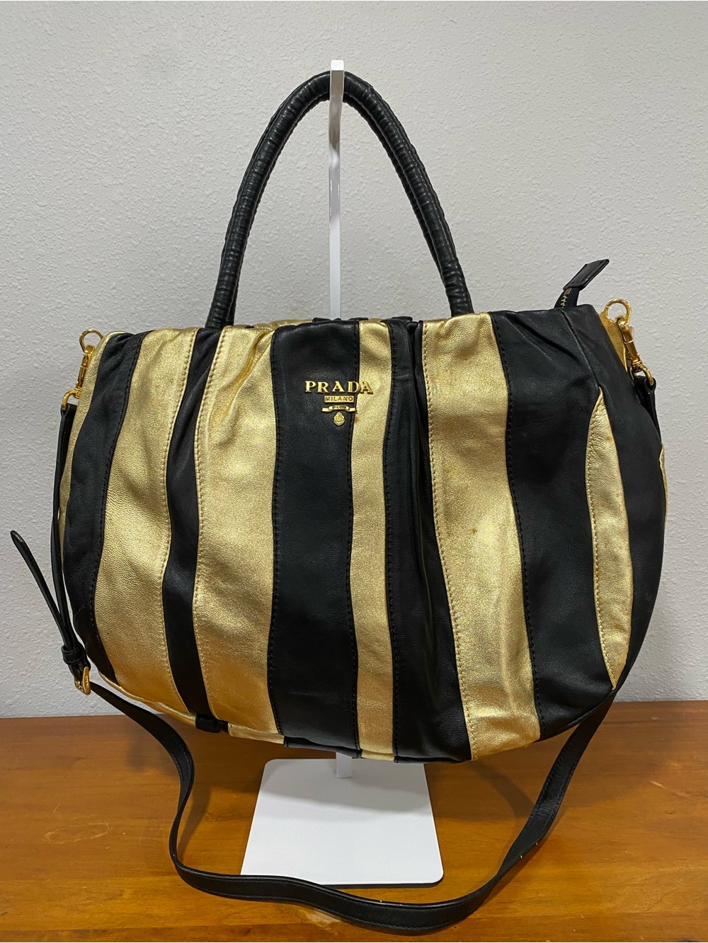 Black and Gold Striped Shoulder Bag Super Soft Leather